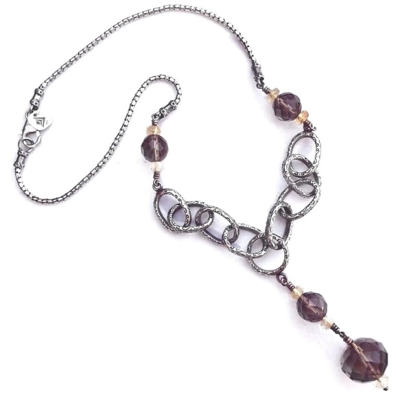 Silpada Vintage Smoky Quartz Citrine Beaded Oxydized Sterling Silver Necklace - Picture 1 of 9
